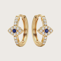 Gold hoop earrings with blue gemstones and clear stones 
