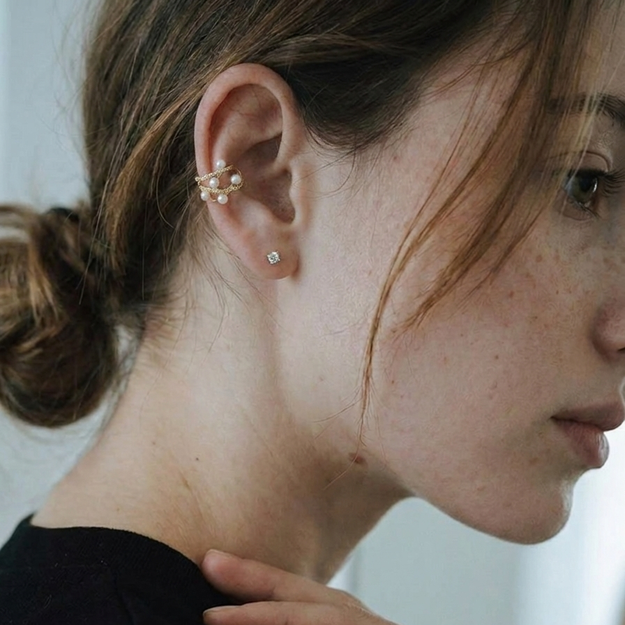 Close-up of a woman's ear with pearl and diamond earrings against a neutral background
