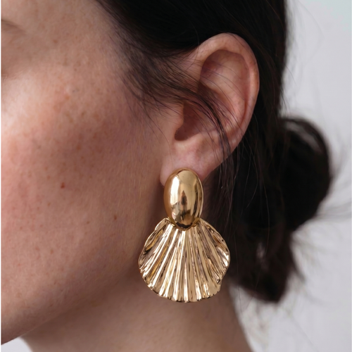 Chunky Gold Fan Shell Statement Dangle Earrings