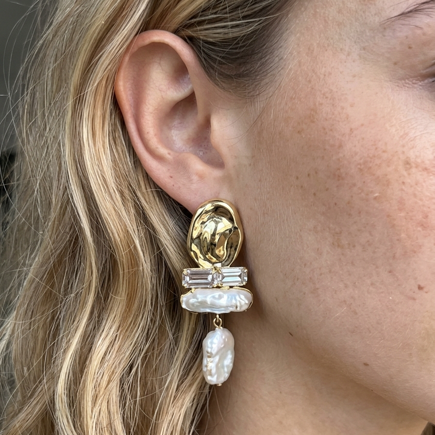 Gold Baroque Pearl Dangle Earrings